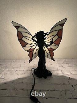 Tiffany style butterfly wings sculptured fairy holding a bird lamp
