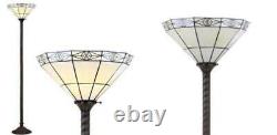 Torchiere Floor Lamp Tiffany Style Ivory Stained Glass Shade Bronze Metal Base