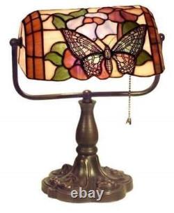 Traditional Bankers Desk Lamp Butterfly Theme Tiffany Style Stained Glass