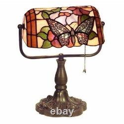 Traditional Bankers Desk Lamp Butterfly Theme Tiffany Style Stained Glass