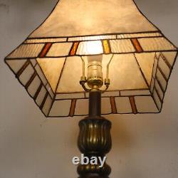 Traditional Mica Stained Glass Table Office Lamp Mission Shade Antiqued Bronze