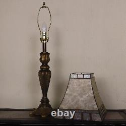 Traditional Mica Stained Glass Table Office Lamp Mission Shade Antiqued Bronze