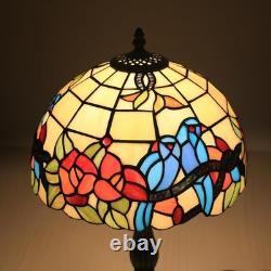Tuomoxte Tiffany Style Table Lamp Hummingbirds Flower Stained Glass Bedside N