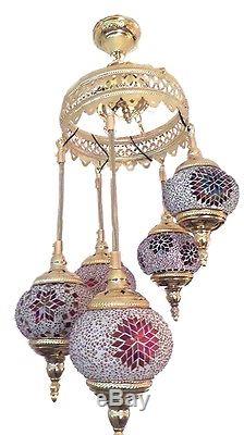Turkish Lamp Ceiling Light, 5 Spiral Holding Glass Mosaic Moroccan Mosaic Colour
