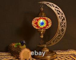 Turkish Mosaic Moon Shape Table Lamp Moroccan Vintage Crescent Bohemian Handmade