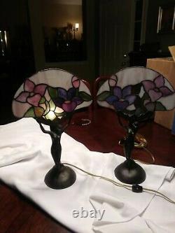 Two Art Deco Nude Lady Lamps with Multi Colour Stained Glass Fan Shade