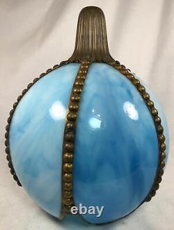 VINTAGE SLAG STAINED GLASS Tulip-Lily Pad SHAPE LAMP SHADE Beaded Brass Trim