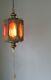 Vtg Mid Century Gothic Spanish/tudor Brass Hanging Swag Light/lamp Stained Glass