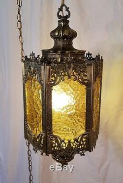 VTG Mid Century Gothic Spanish/Tudor Hanging Swag Light/Lamp Stained Glass