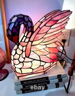 VTG Pink Stained Glass Dale Tiffany Swan Bird Iridescent Night Light Lamp NWT