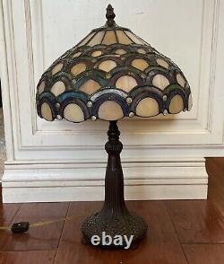 VTG Signed Dale Tiffany Stained Slag Glass Table Lamp Bronze Finish Double Bulb