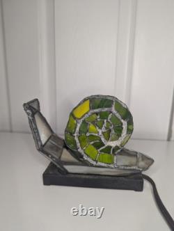 VTG Stained Glass Tiffany Style Green Snail Slug Night Light Table Lamp Metal