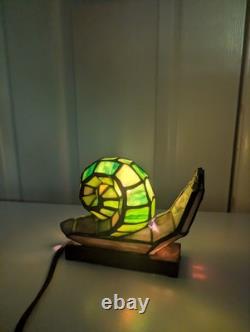VTG Stained Glass Tiffany Style Green Snail Slug Night Light Table Lamp Metal