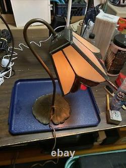 VTG Tiffany Style Stained Glass Curved Gooseneck Desk Table Lamp Metal Base 15