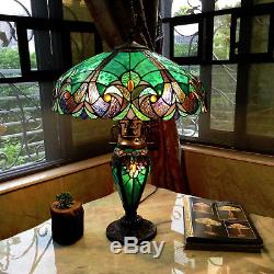 Vibrant Color Double Lit 24.5 H Green Table Lamp Stained Glass Light Lamps NEW