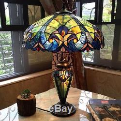 Vibrant Color Double Lit 26 H Blue Table Lamp Stained Glass Light Lamps NEW