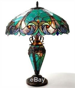 Victorian Stained Glass Table Lamp Tiffany Style Shade Double Lit 24.5H