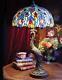 Victorian Tiffany Stained Glass Jeweled Peacock Table Lamp Light Base 28h