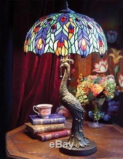 Victorian Tiffany Stained Glass Jeweled Peacock Table Lamp Light Base 28H