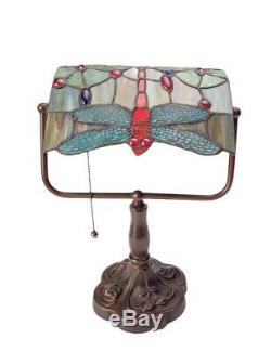 Victorian Trading Co Dragonfly Tiffany Style Stained Glass Bankers Lamp