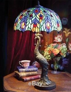 Victorian Trading Co Peacock Lamp Stained Glass Shade Free Ship NIB