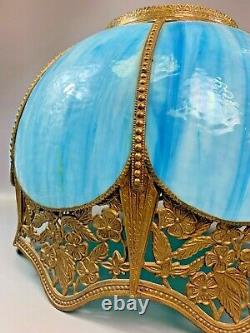 Vintage 14 Tiffany Victorian Style Blue Stained Slag Glass Lamp Shade