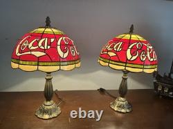 Vintage 15 Coca Cola Tiffany Style Plastic Stained Glass Shade Table Lamp Set