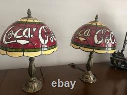 Vintage 15 Coca Cola Tiffany Style Plastic Stained Glass Shade Table Lamp Set