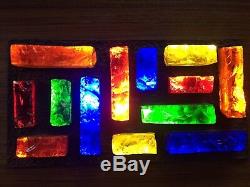 Vintage 1970s Brutalist Wall Hanging Stained Glass, Metal and Teak Light / Lamp