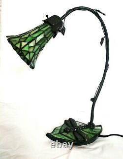 Vintage Arched Dragonfly Bronze/Stained Glass Lily Pad Lamp