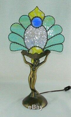 Vintage Art Deco Nude Woman Lady Figural Bronze Lamp Stained Glass Fan Shade