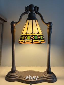 Vintage Art Nouveau Style Stained Glass Bell Harp Table Lamp
