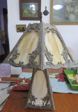 Vintage Art Nouveau Victorian 6 Panel Slag Stained Glass Table Lamp lighted base