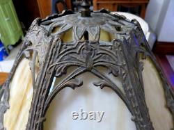 Vintage Art Nouveau Victorian 6 Panel Slag Stained Glass Table Lamp lighted base