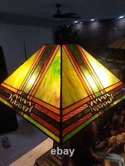 Vintage Art Stained Glass Tiffany Style Mission Table Lamp Two Lights