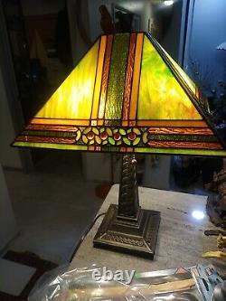 Vintage Art Stained Glass Tiffany Style Mission Table Lamp Two Lights