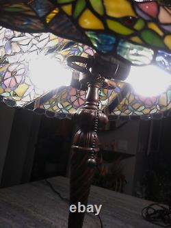 Vintage Art Tiffany Style Stained Glass 2 Chain Pull Lamp Metal Base Flower