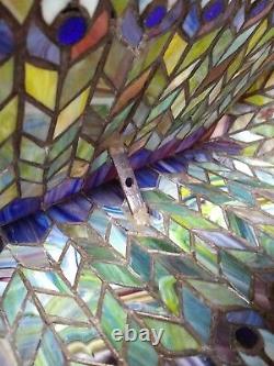 Vintage Blue Peacock Stained Glass Lamp Shade Matching Sconces