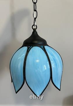 Vintage Blue Stained Glass Tulip Flower Pendant Brass Hanging Lamp Light Fixture