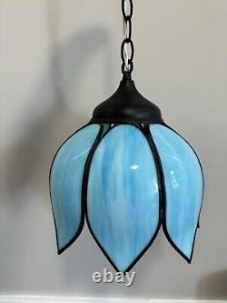 Vintage Blue Stained Glass Tulip Flower Pendant Brass Hanging Lamp Light Fixture