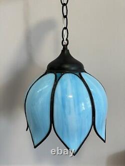 Vintage Blue Stained Glass Tulip Flower Pendant Brass Hanging Lamp Light Fixture