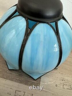 Vintage Blue Stained Glass Tulip Flower Pendant Brass Hanging Lamp Light Fixture