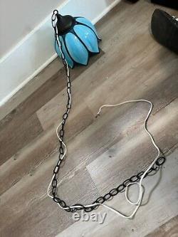 Vintage Blue Stained Glass Tulip Flower Pendant Brass Hanging Lamp Light Fixture