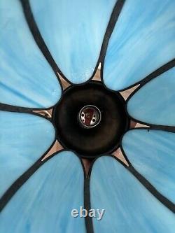 Vintage Blue Stained Glass Tulip Flower Pendant Brass Hanging Lamp Light Fixture