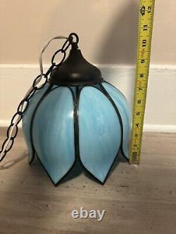 Vintage Blue Stained Glass Tulip Flower Pendant Brass Hanging Lamp Light Fixture