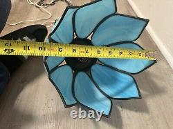 Vintage Blue Stained Glass Tulip Flower Pendant Brass Hanging Lamp Light Fixture