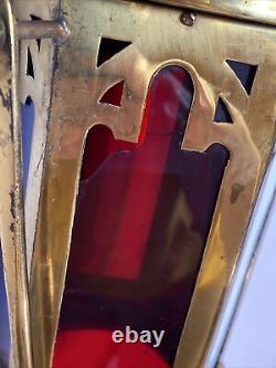 Vintage Brass & Stained Slag Glass Processional Candle Lantern Wood Pole 58.5