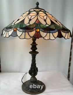 Vintage Colorful Tiffany Style Stained Glass Table Lamp 26X21 Tested