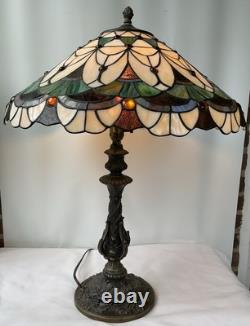 Vintage Colorful Tiffany Style Stained Glass Table Lamp 26X21 Tested