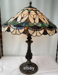 Vintage Colorful Tiffany Style Stained Glass Table Lamp 26X21 Tested